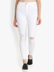 Kotty Women White Skinny Fit High-Rise Slash Knee Stretchable Jeans