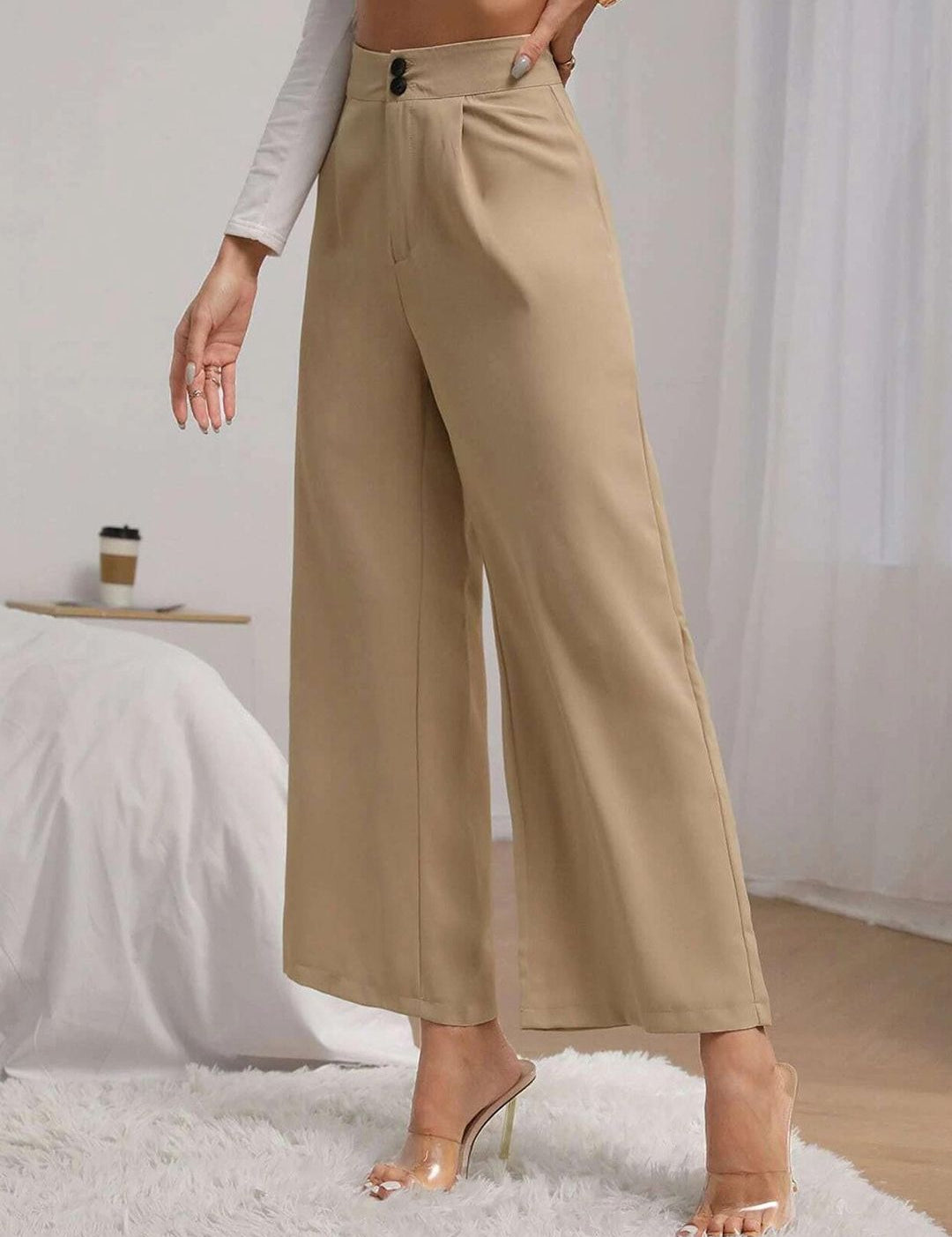 Kotty Women Beige Relaxed Straight Fit High-Rise Easy Wash Pleated Trousers