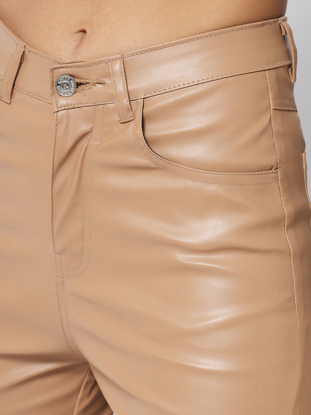 Kotty Women Beige Relaxed Straight Fit Faux Leather Trouser