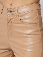 Kotty Women Beige Relaxed Straight Fit Faux Leather Trouser
