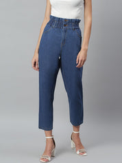 Kotty Women Blue Boyfriend Fit High-Rise Cotton Clean Look Jeans