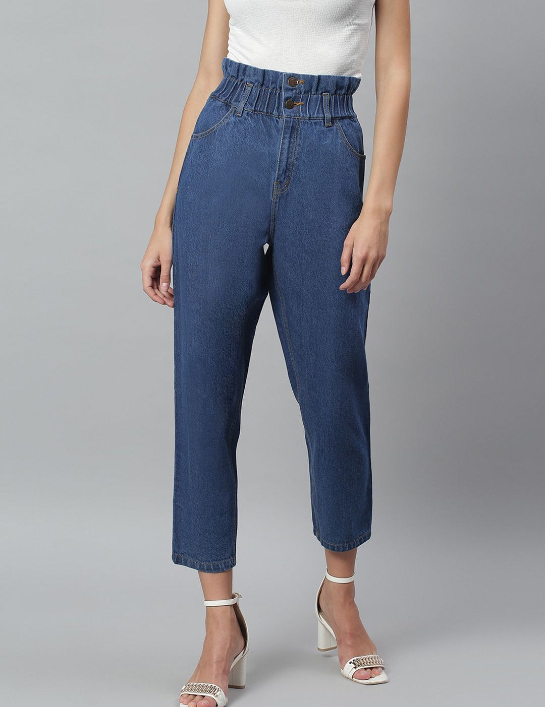 Kotty Women Blue Boyfriend Fit High-Rise Cotton Clean Look Jeans