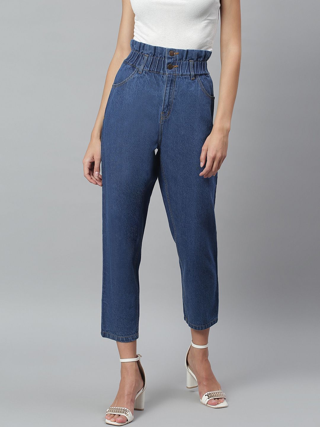 Kotty Women Blue Boyfriend Fit High-Rise Cotton Clean Look Jeans