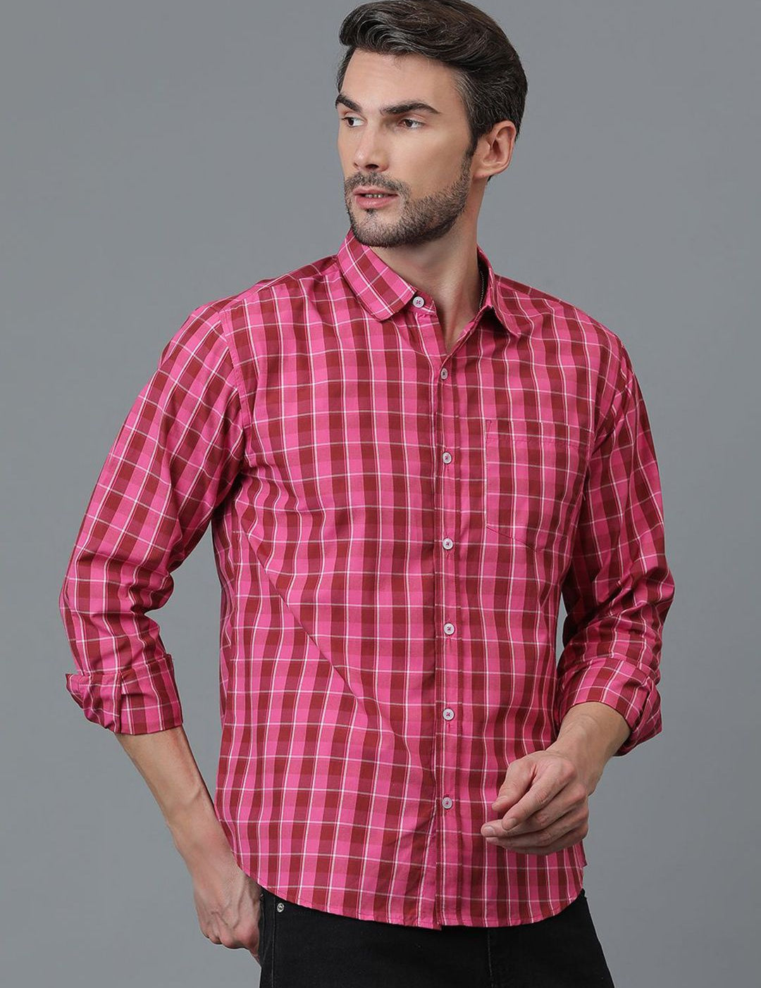 Kotty Pink & Red New Checked Spread Collar Casual Shirt
