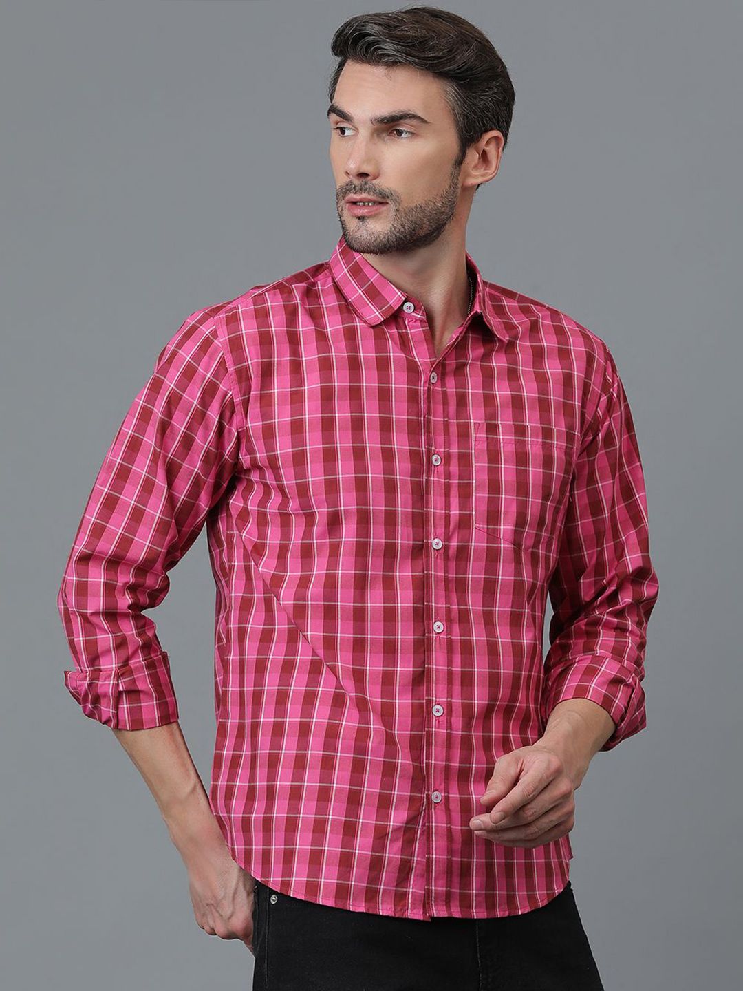Kotty Pink & Red New Checked Spread Collar Casual Shirt