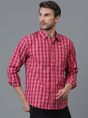 Kotty Pink & Red New Checked Spread Collar Casual Shirt