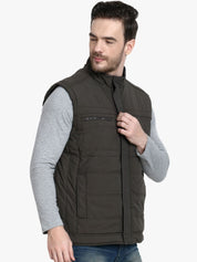 Kotty Men Olive Green Solid Padded Sleeveless Jacket