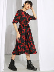 Kotty Black & Red Floral Printed Fit & Flare Midi Dress With Belt