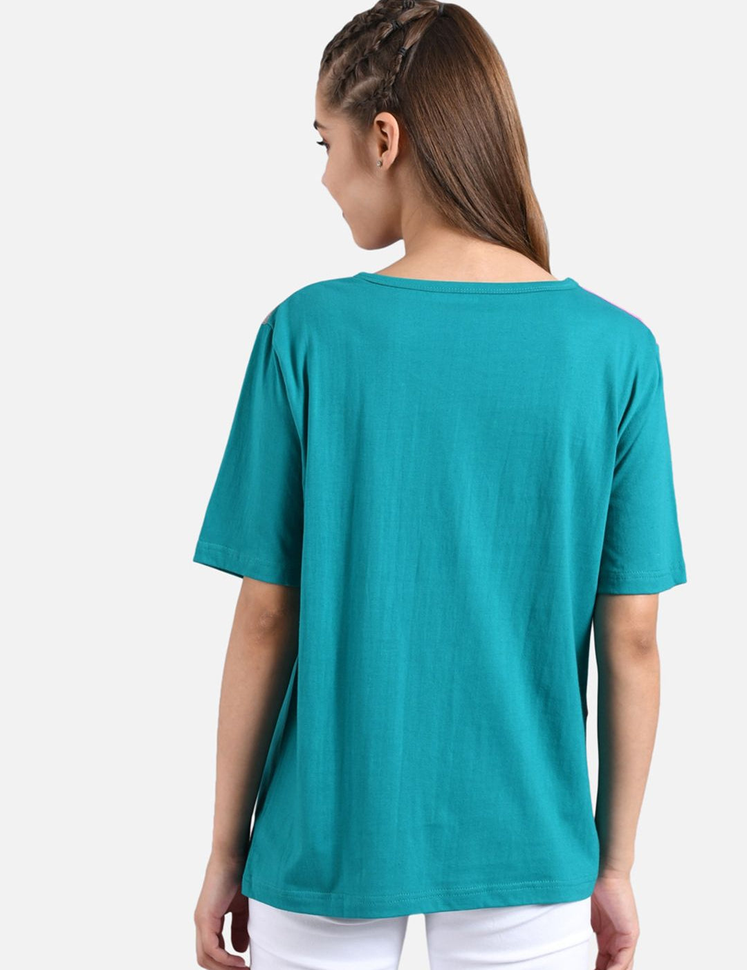 Kotty Women Pink And Blue Colourblocked Round Neck T-shirt