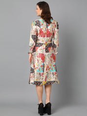 Kotty Floral Printed Boat Neck Puff Sleeve Satin A-Line Dress