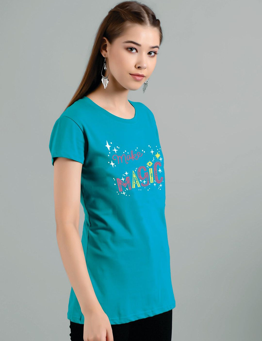 Kotty Women Blue Printed Applique T-shirt