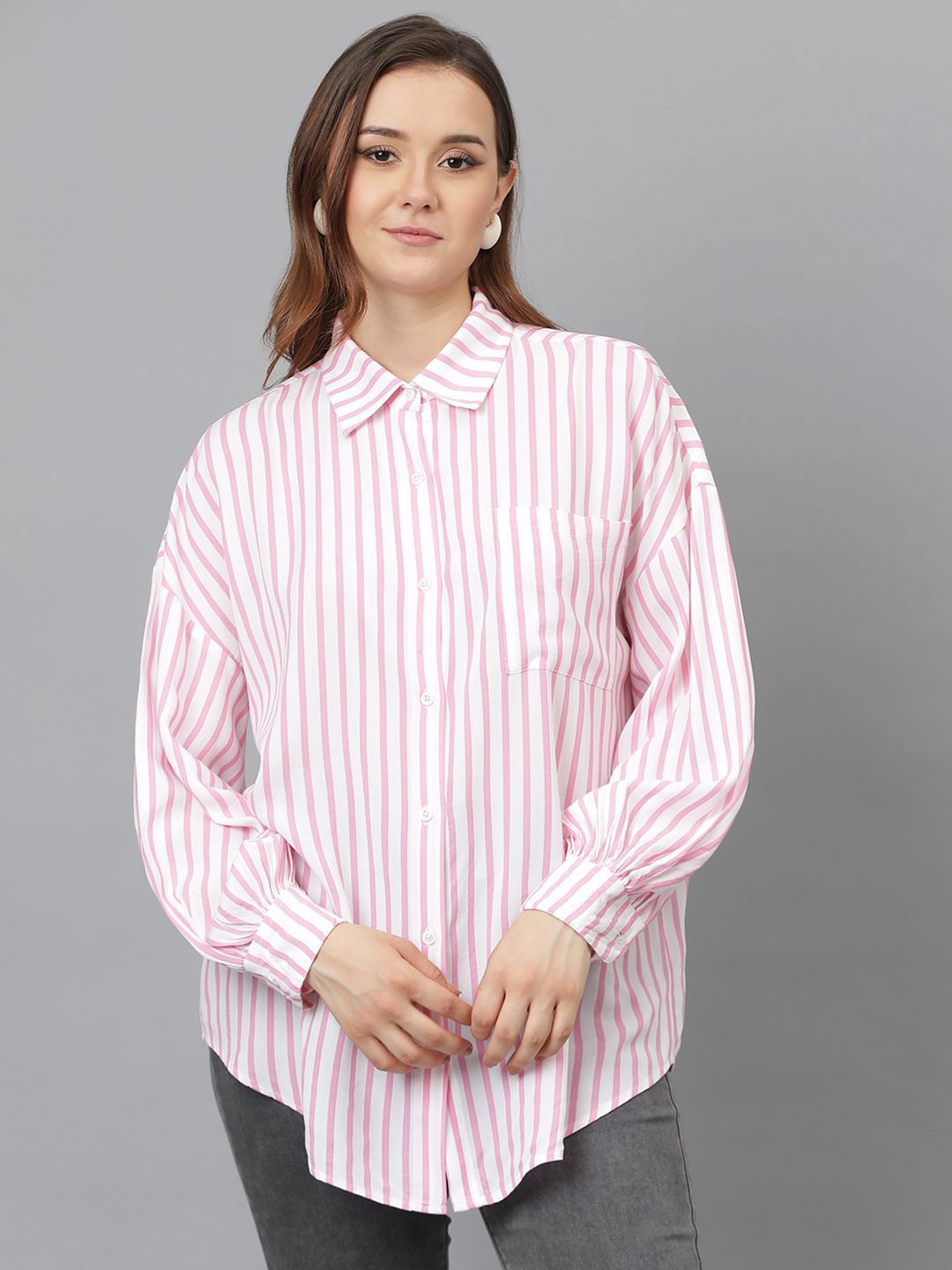 Kotty Women Spread Collar Vertical Striped Cotton Oversized Casual Shirt