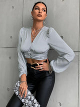Kotty Solid V-Neck  Cinched Waist Ruched Crop Top
