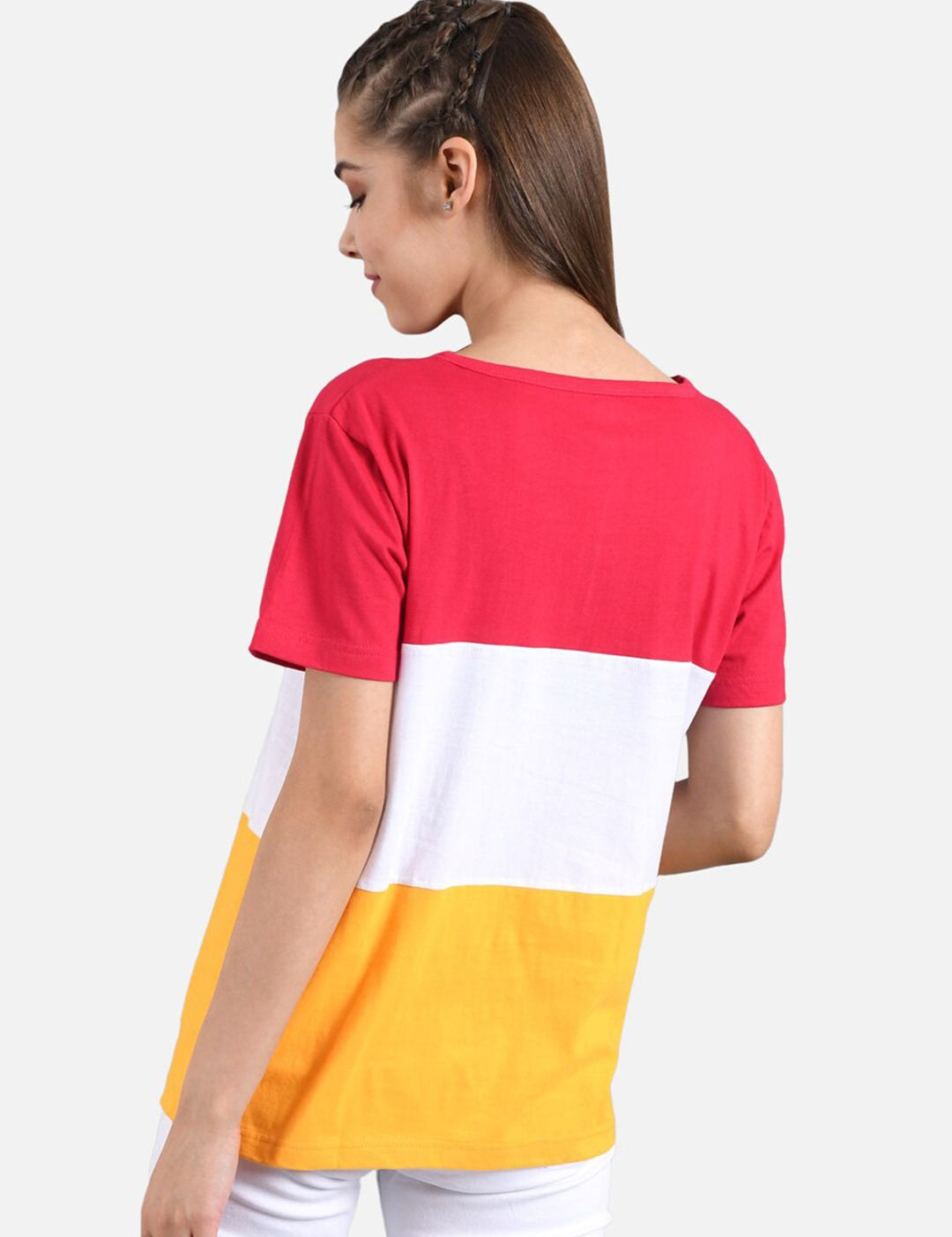 Kotty Women Pink & Yellow Colourblocked Round Neck T-shirt