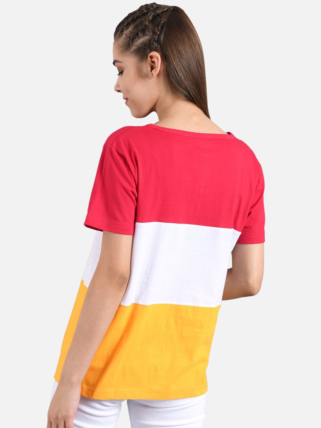 Kotty Women Pink & Yellow Colourblocked Round Neck T-shirt