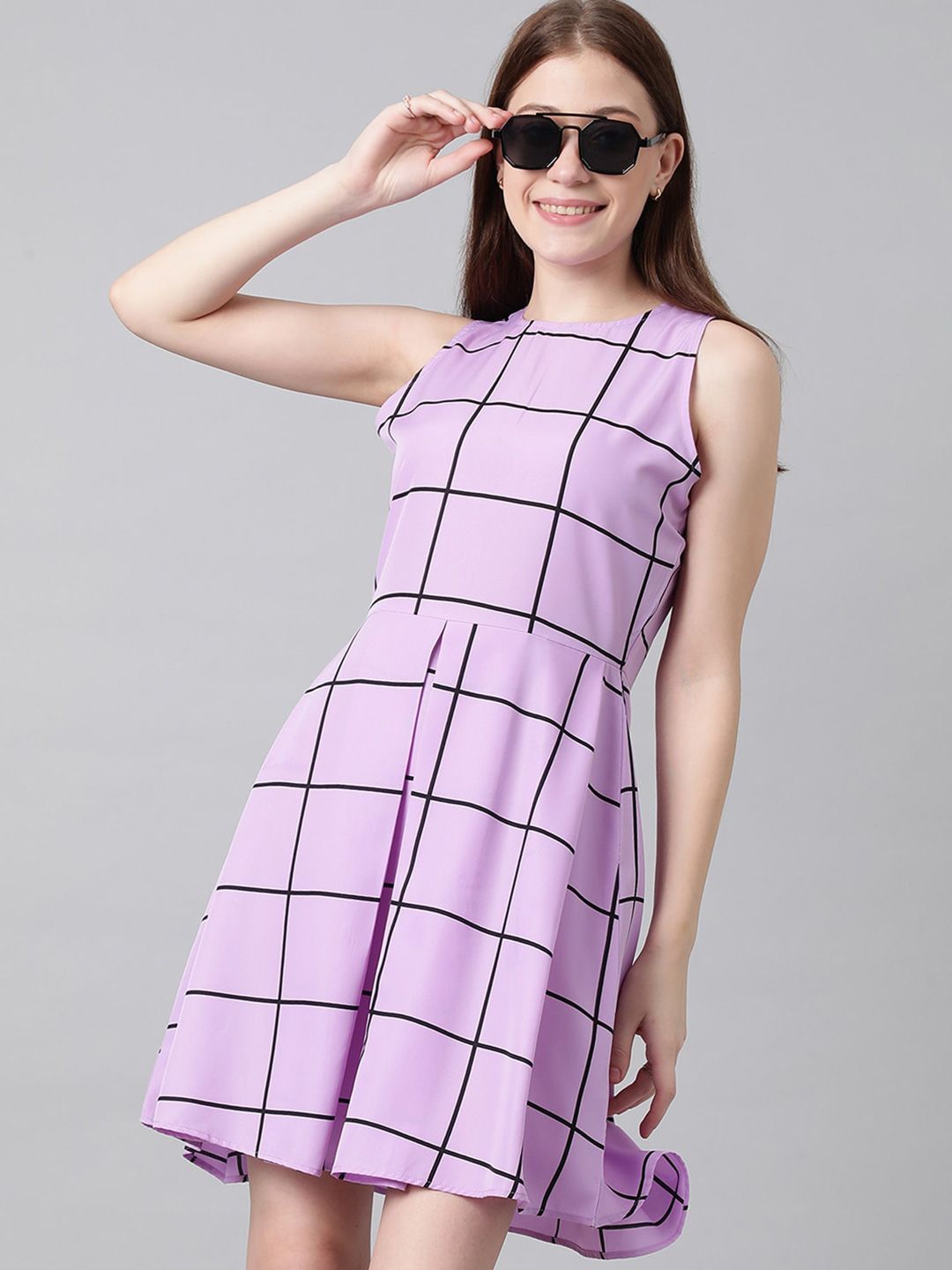Kotty Purple & Black Checked Fit & Flare Dress