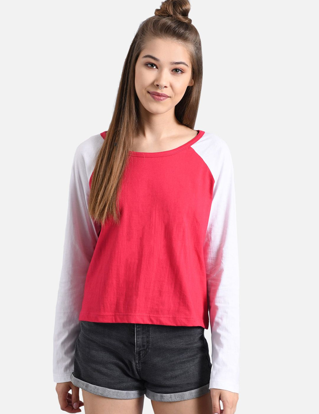 Kotty Women Pink & White Colourblocked Round Neck T-shirt