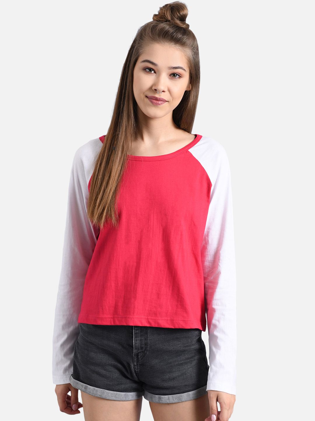 Kotty Women Pink & White Colourblocked Round Neck T-shirt