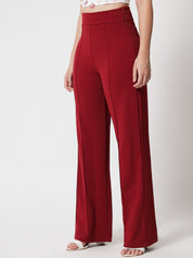 Kotty Women Maroon Relaxed Straight Fit High-Rise Easy Wash Pleated Trousers