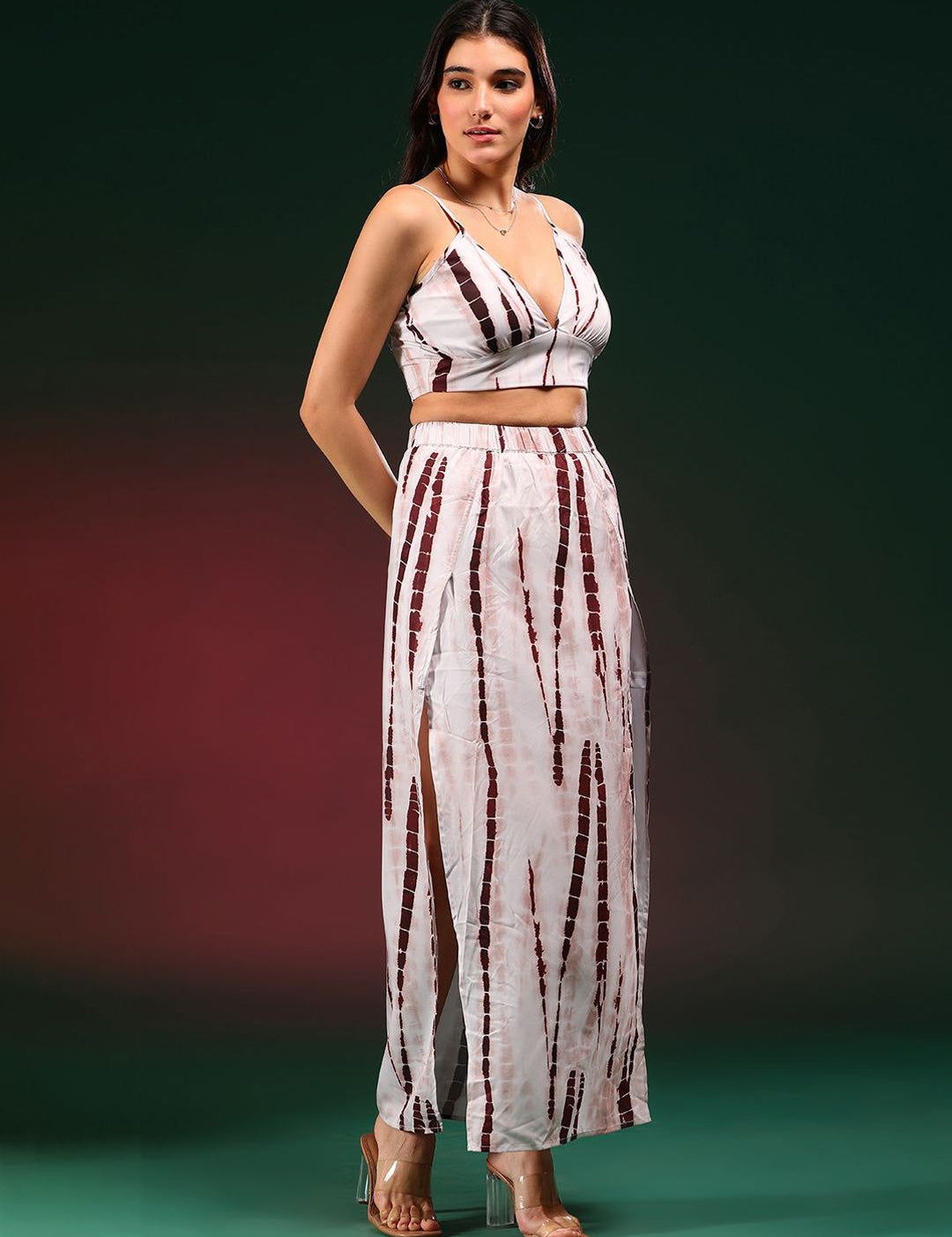 Kotty Beige Tie & Dye Shoulder Straps Top With Skirt