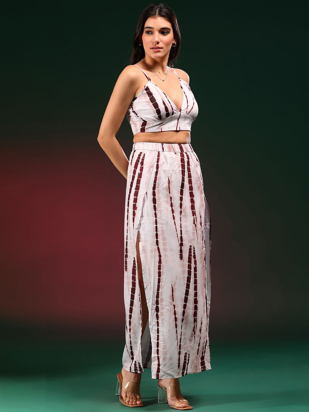 Kotty Beige Tie & Dye Shoulder Straps Top With Skirt