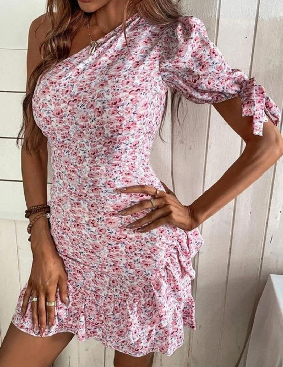 Kotty White & Pink Floral Printed One Shoulder Puffed Sleeve Ruffled Sheath Dress