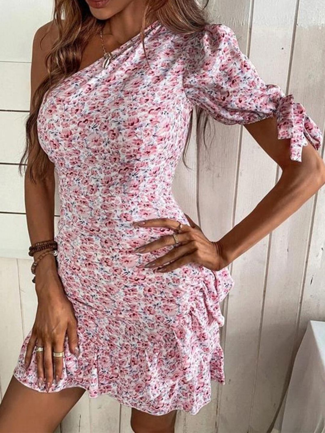 Kotty White & Pink Floral Printed One Shoulder Puffed Sleeve Ruffled Sheath Dress