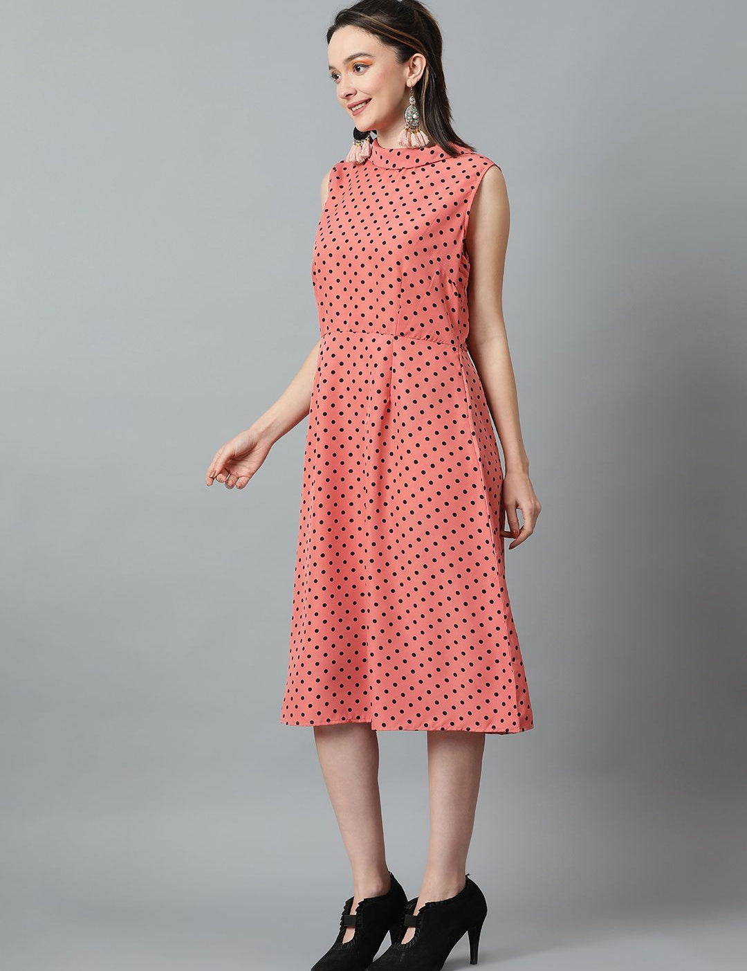 Kotty Polka Dot Printed High Neck Sleeveless Fit & Flare Midi Dress