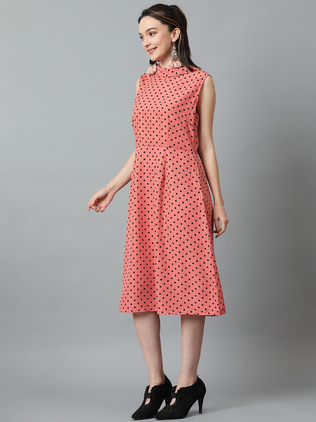 Kotty Polka Dot Printed High Neck Sleeveless Fit & Flare Midi Dress