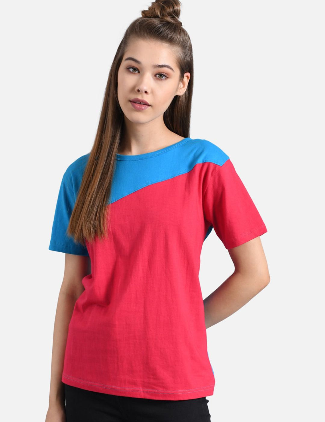 Kotty Women Yellow Colourblocked Round Neck T-shirt