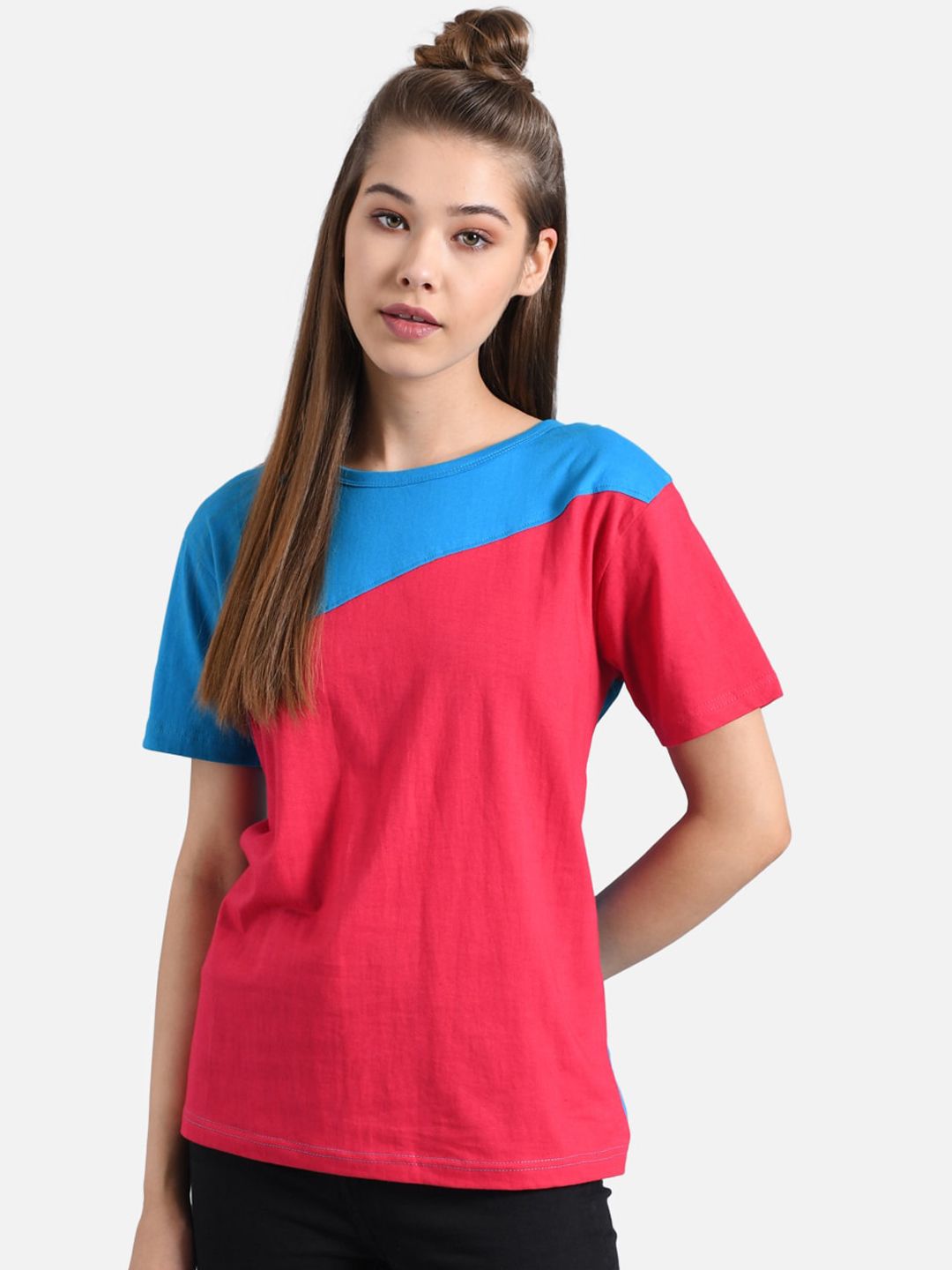 Kotty Women Yellow Colourblocked Round Neck T-shirt