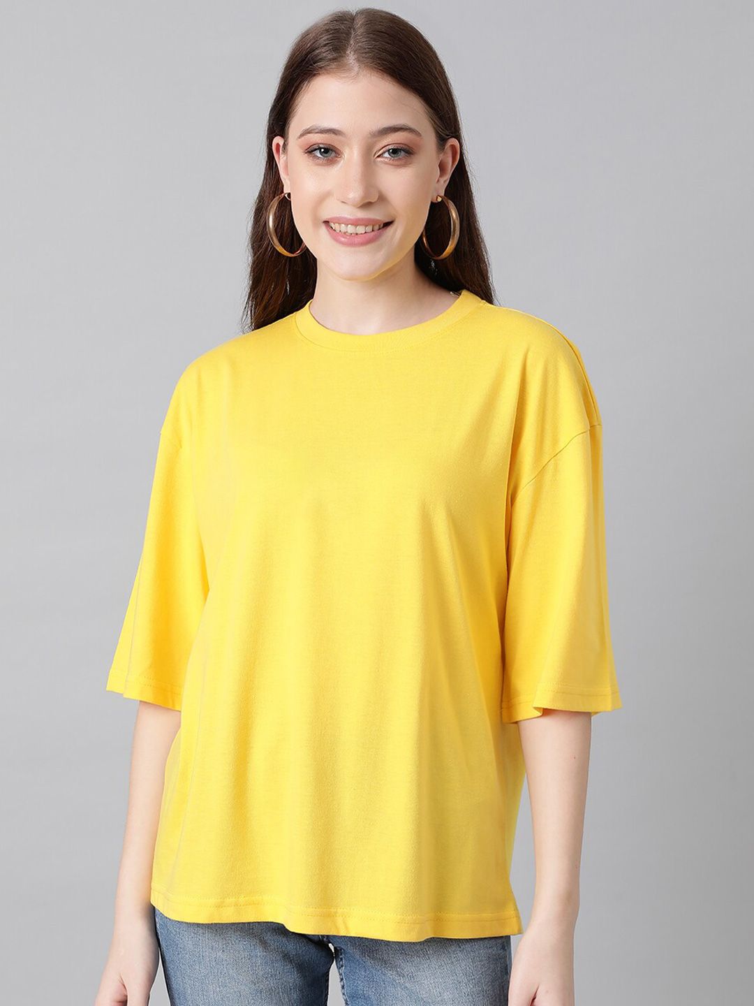 KOTTY Basics Round Neck Drop-Shoulder Sleeves Oversized T-shirt