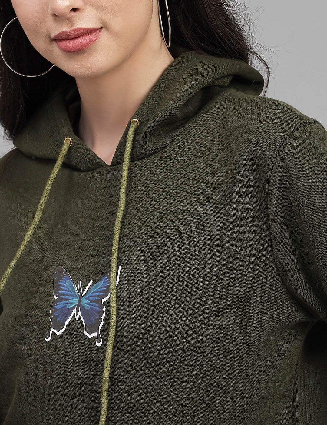 Kotty Women Olive Green Printed Hooded Sweatshirt