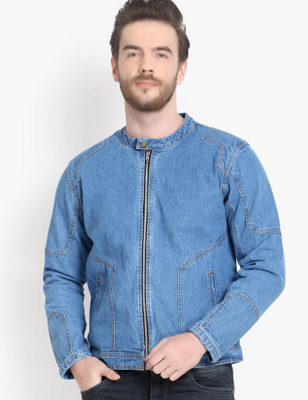Kotty Men Blue Printed Biker Jacket
