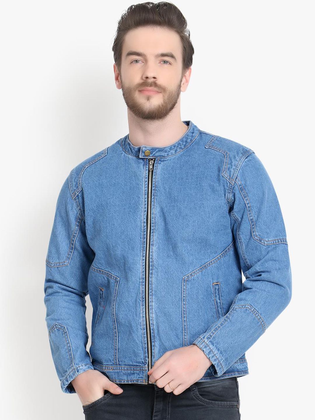 Kotty Men Blue Printed Biker Jacket