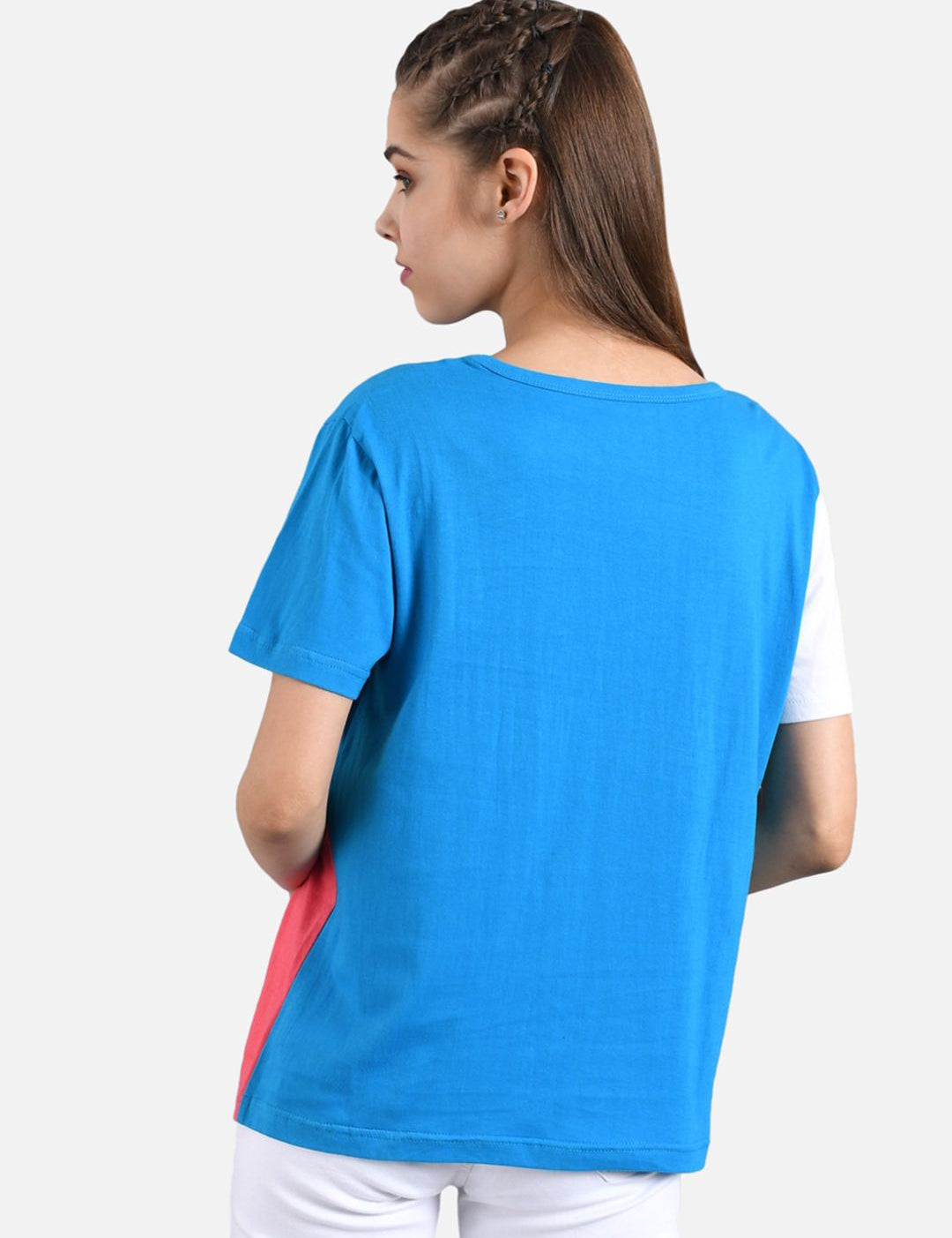 Kotty Women White & Blue Colourblocked Round Neck T-shirt