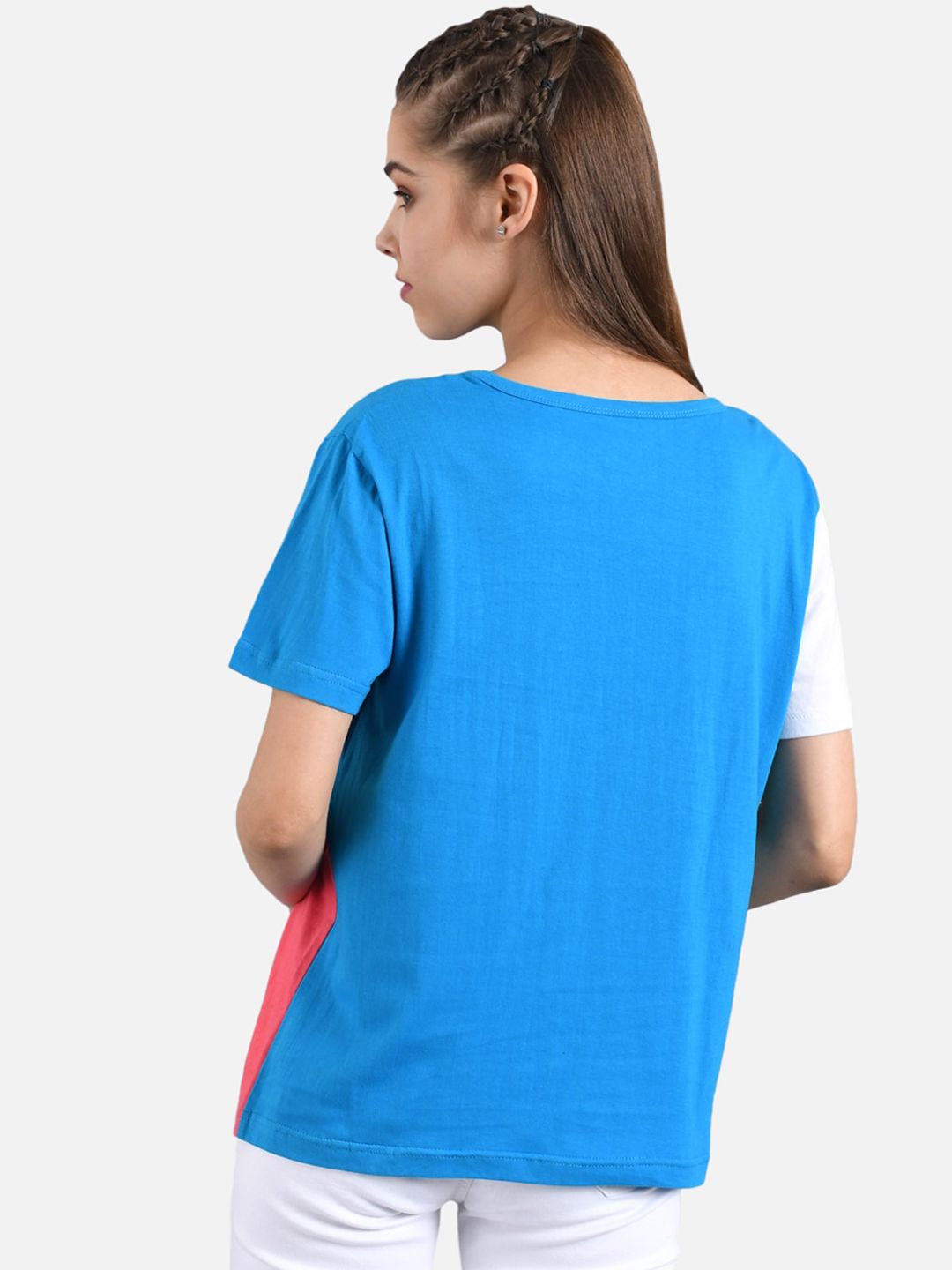 Kotty Women White & Blue Colourblocked Round Neck T-shirt