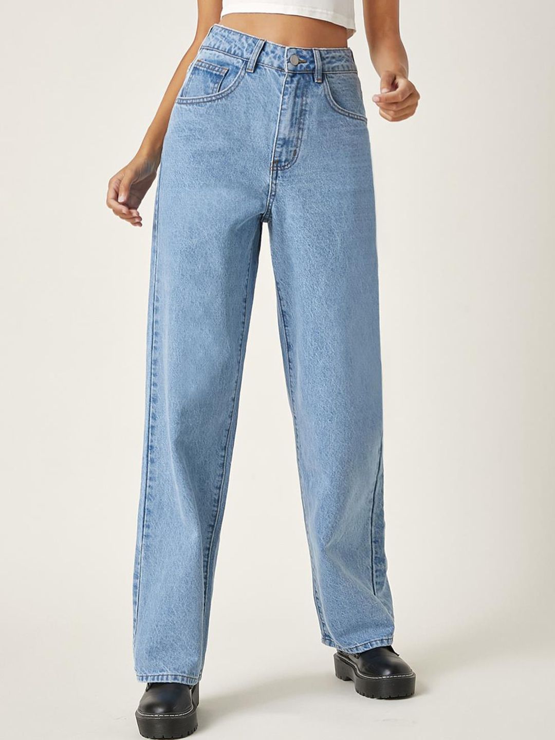 KOTTY Basics Women Jean Straight Fit High-Rise Clean Look Heavy Fade Stretchable Cotton Jeans