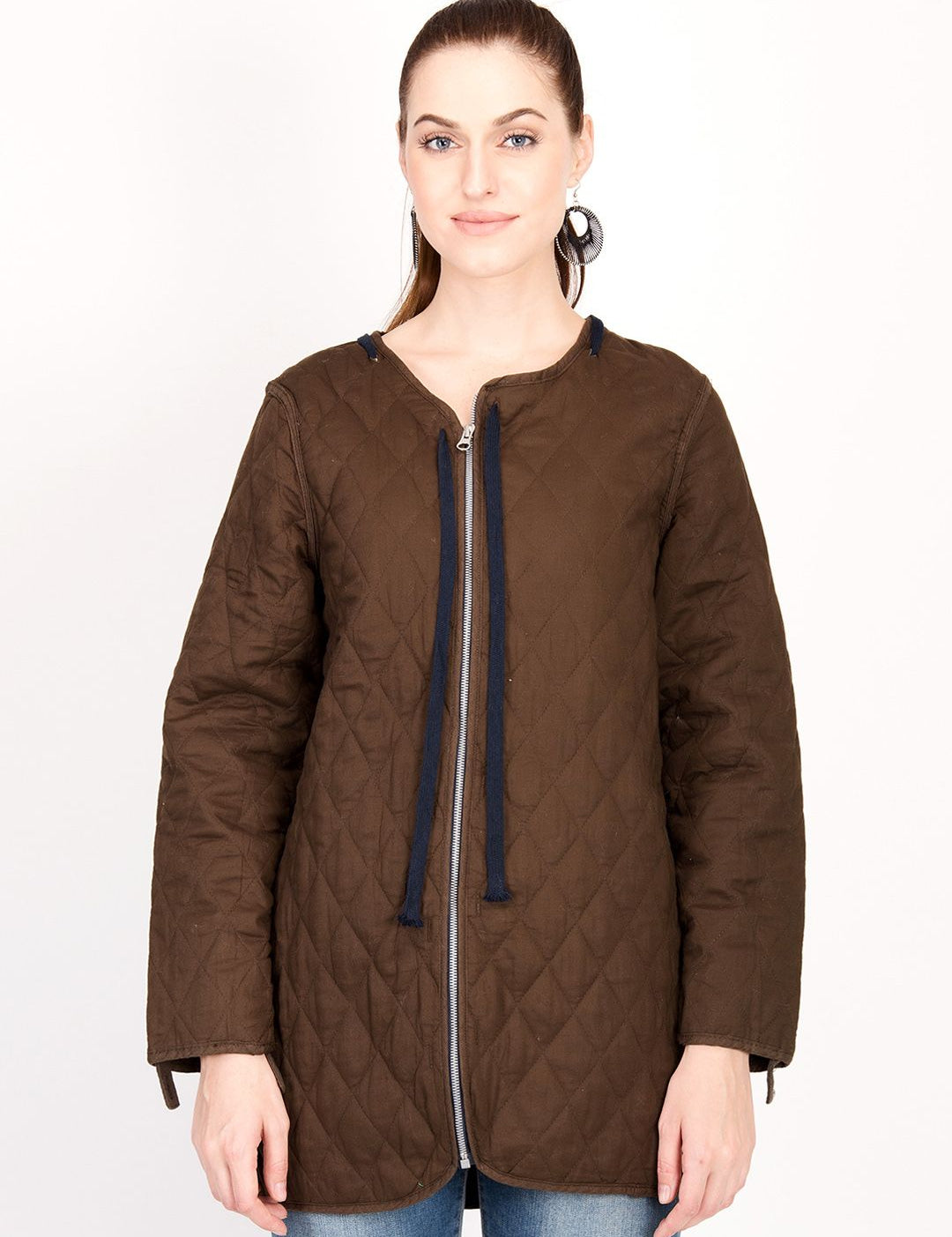 Kotty Women Brown Solid Insulator Longline Quilted Jacket
