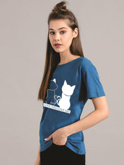 Kotty Women Blue Printed Round Neck T-shirt