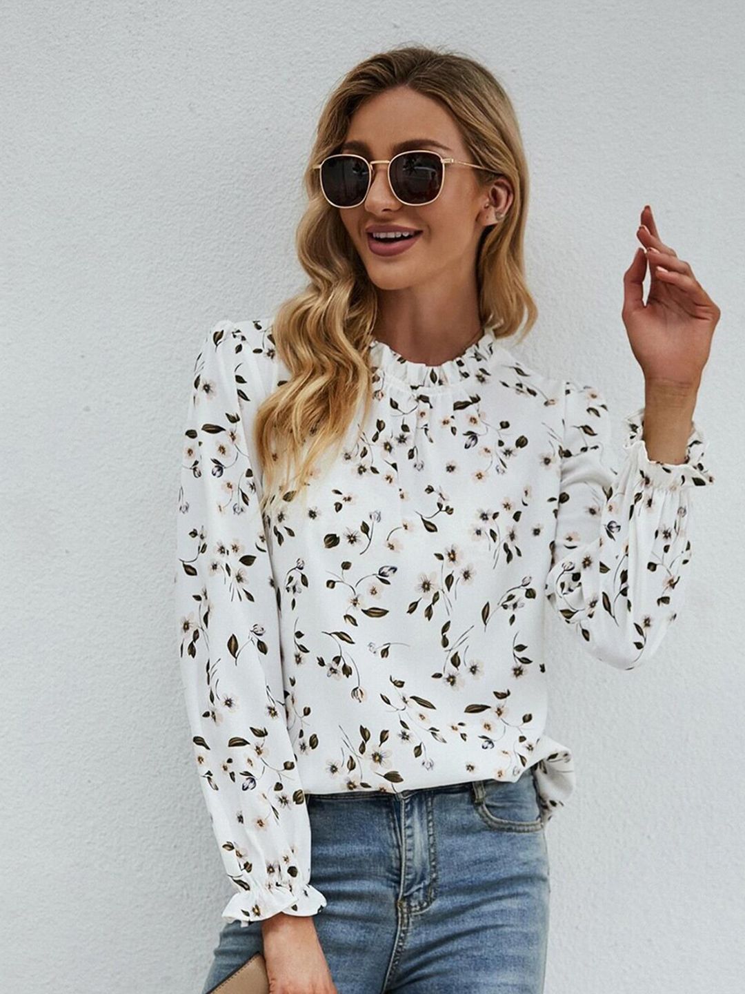 Kotty Women White Floral Print Crepe Top