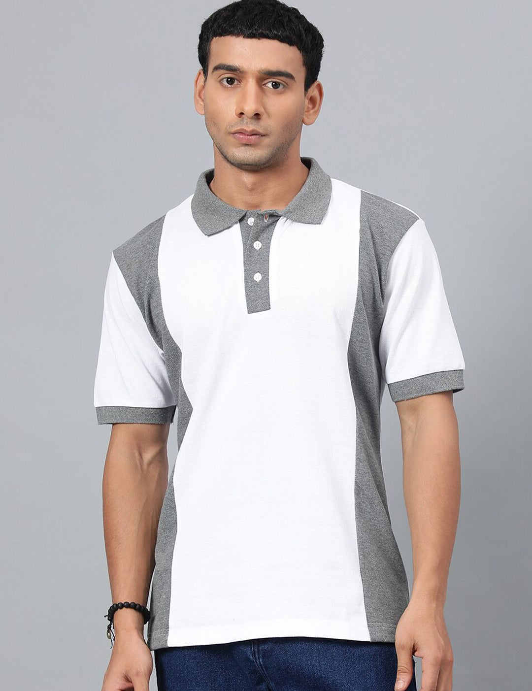 Kotty White & Grey Colourblocked Polo Collar T-shirt