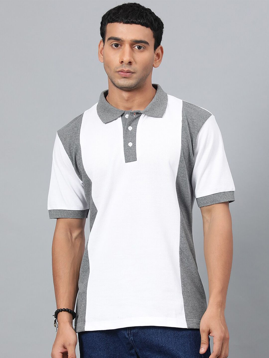 Kotty White & Grey Colourblocked Polo Collar T-shirt