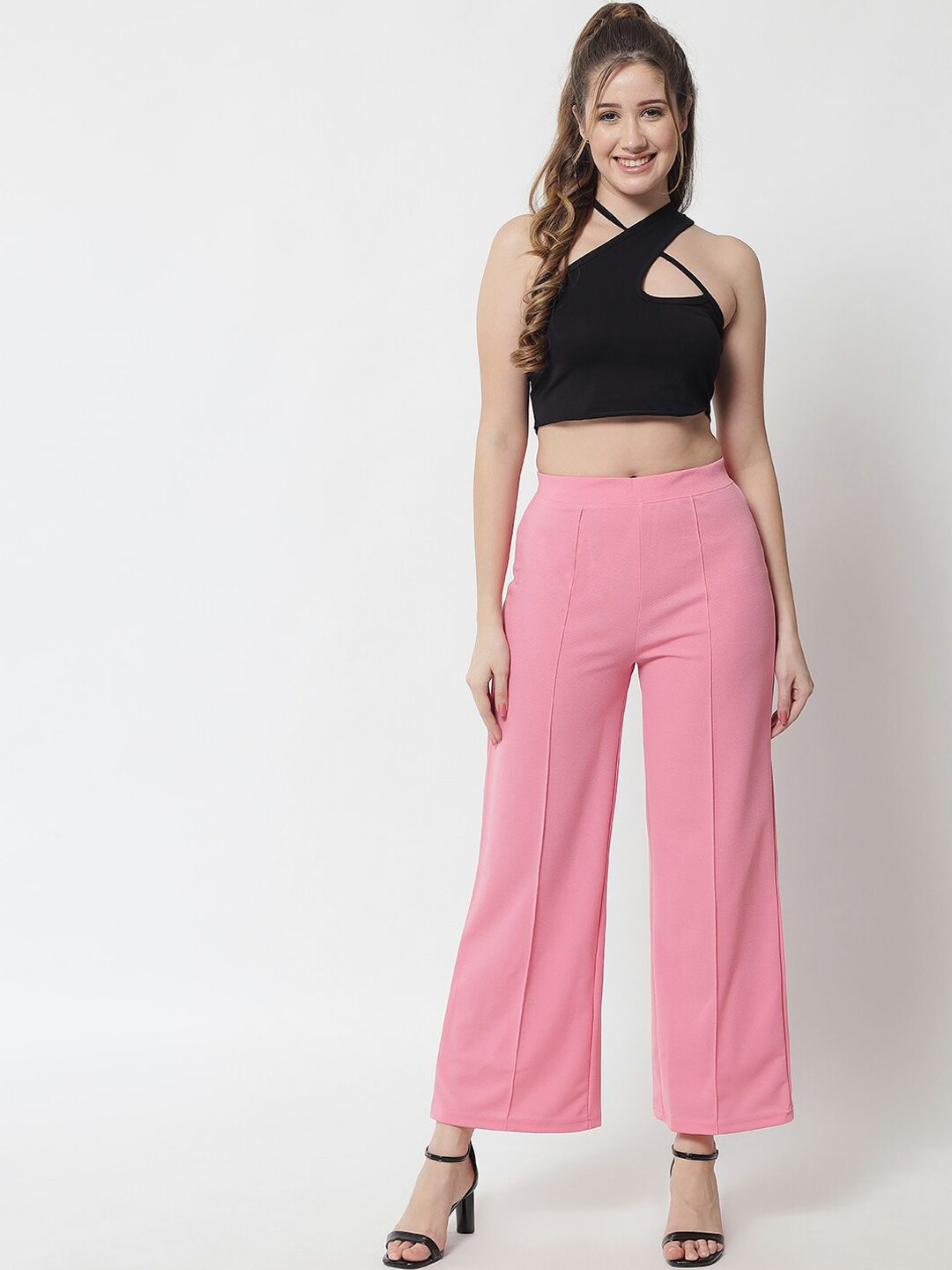 Kotty Women Pink Solid Relaxed Straight Fit Parallel Trousers
