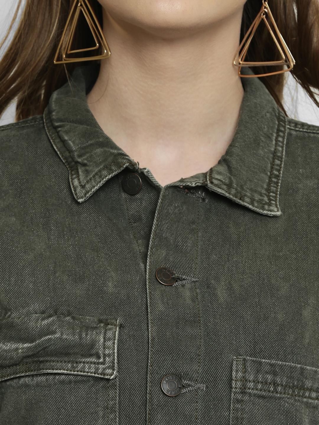 Kotty Women Olive Green Solid Denim Jacket