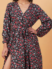 Kotty Floral Printed V-Neck Long Sleeves Maxi Dress