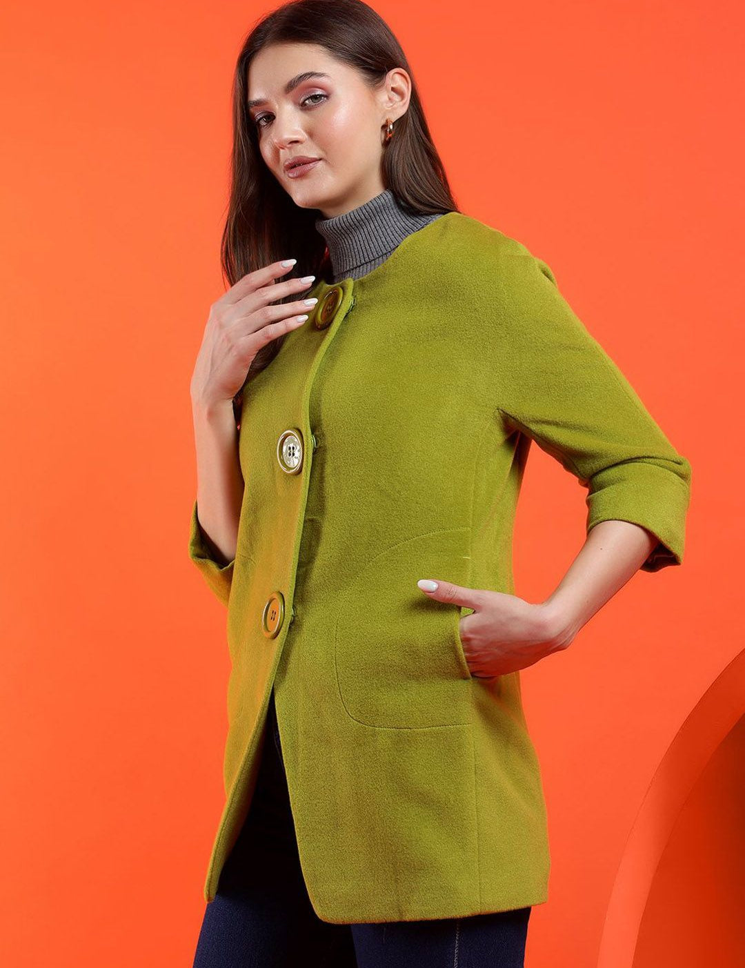 Kotty Band Collar Long Sleeves Overcoat