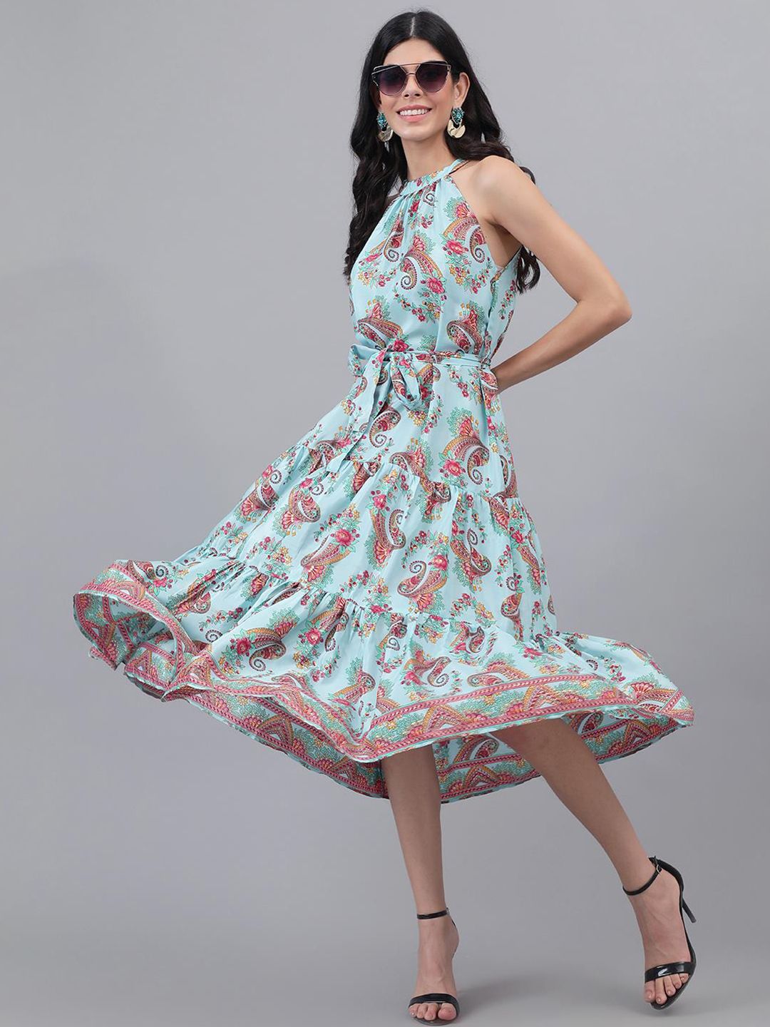 Kotty Turquoise Blue And Maroon Paisley Printed Halter Neck Tiered Fit & Flare Midi Dress