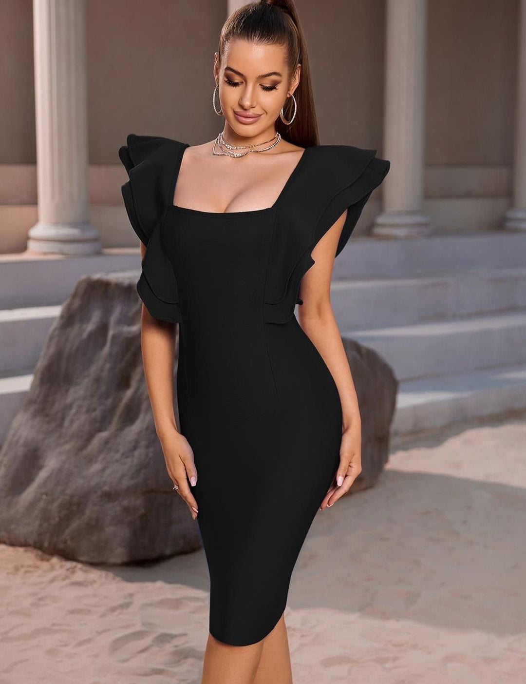 Kotty Black Square Neck Flutter Sleeves Bodycon Dress