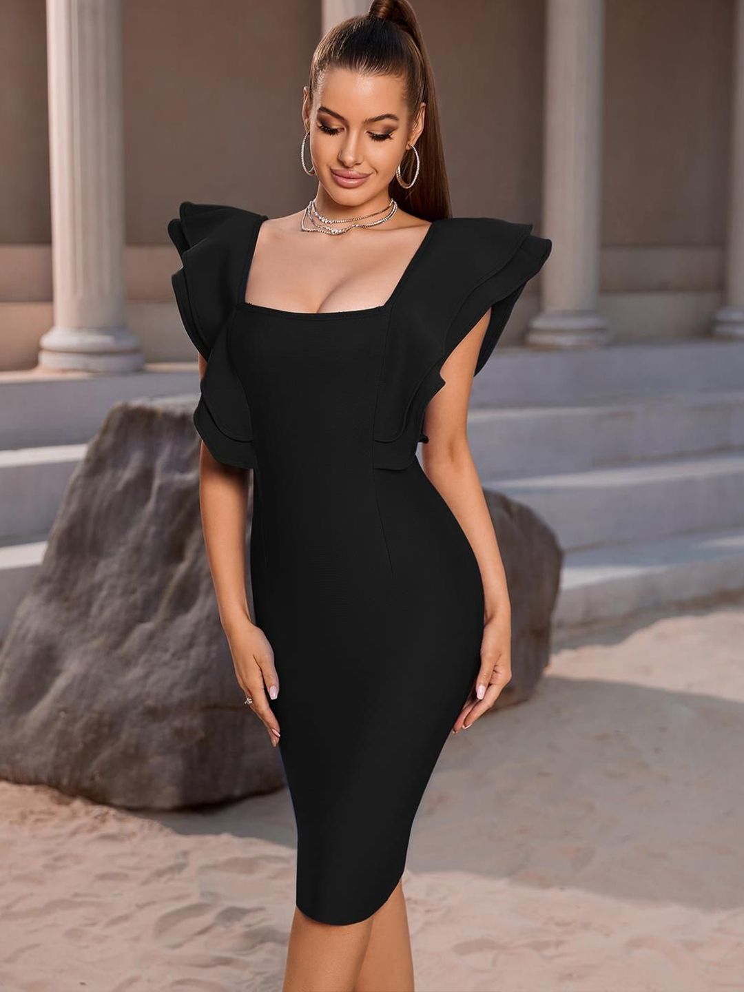 Kotty Black Square Neck Flutter Sleeves Bodycon Dress